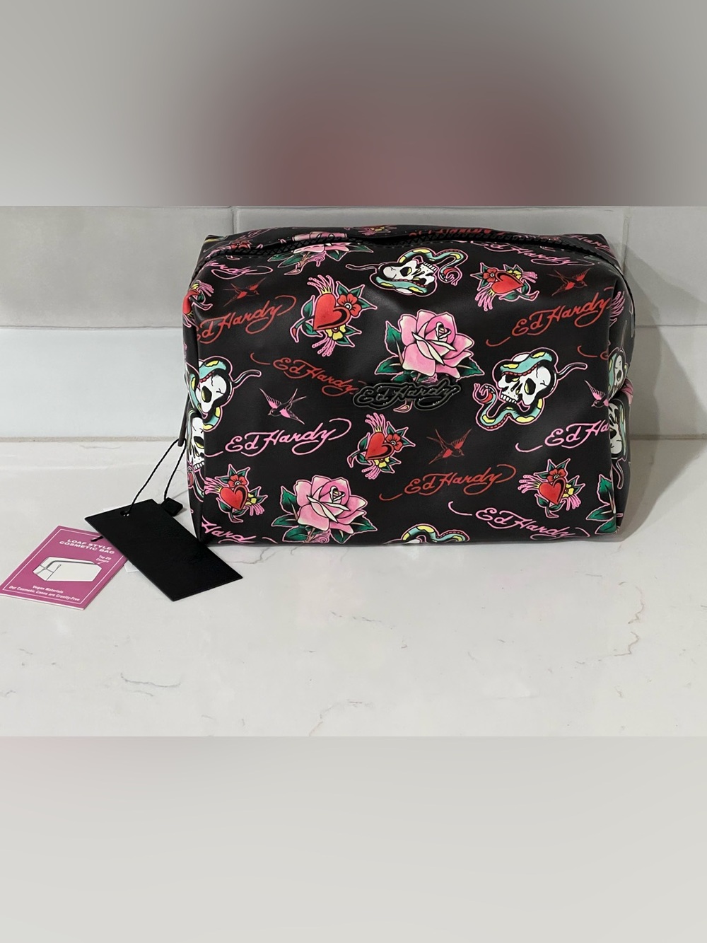 ED HARDY Black SKULL Loaf Cosmetic Bag Travel Bathroom Makeup NWT Y2K Rose Snake